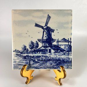 Vtg Joa Delft Tile Blue Hand Painted Dutch Windmill Wall Art Hang